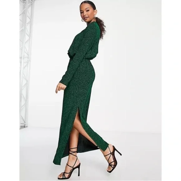 Y.A.S. NWT Green Glitter Long Sleeve Ruched Front Midi Dress XXL - Picture 4 of 16